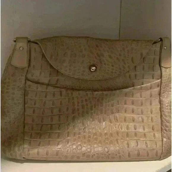 Furla Croc Embossed Handbag Satchel Lg Genuine Italian Leather Womens Taupe - Picture 9 of 16